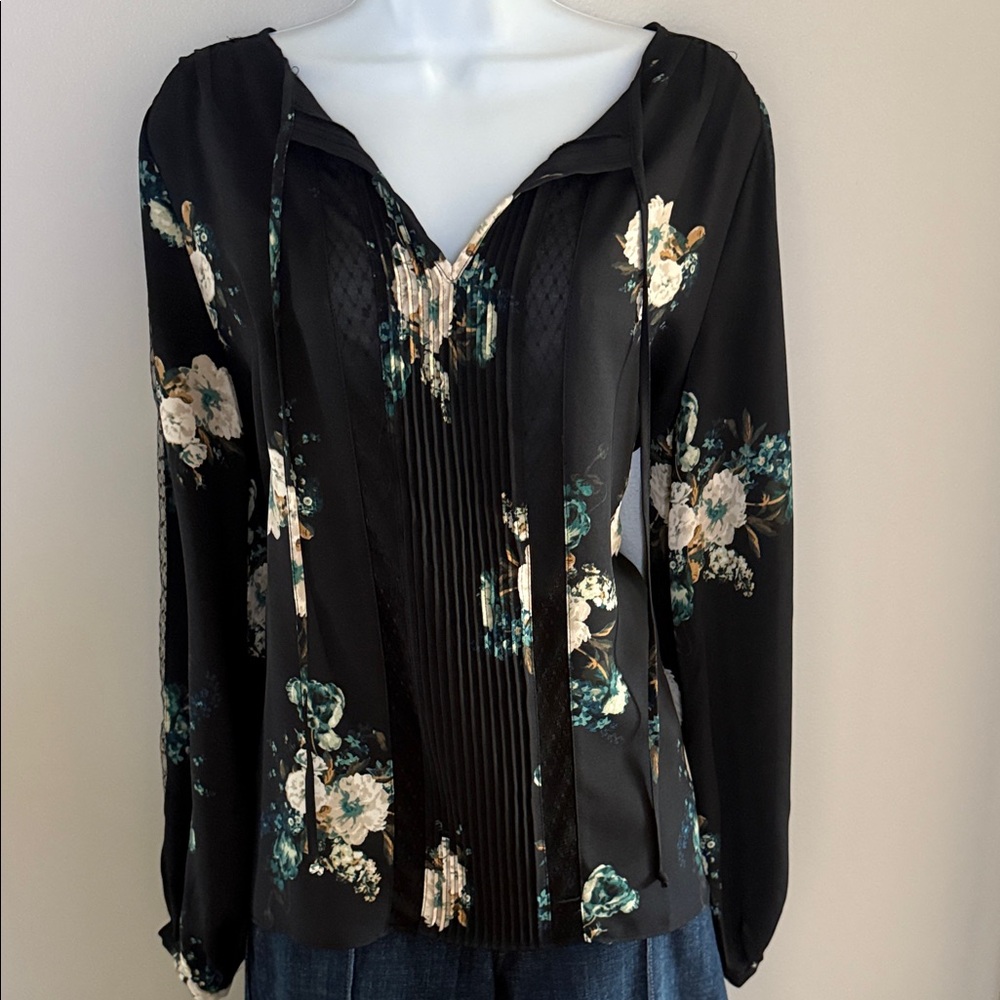 White House Black Market Lace insert  Black Floral Blouse
